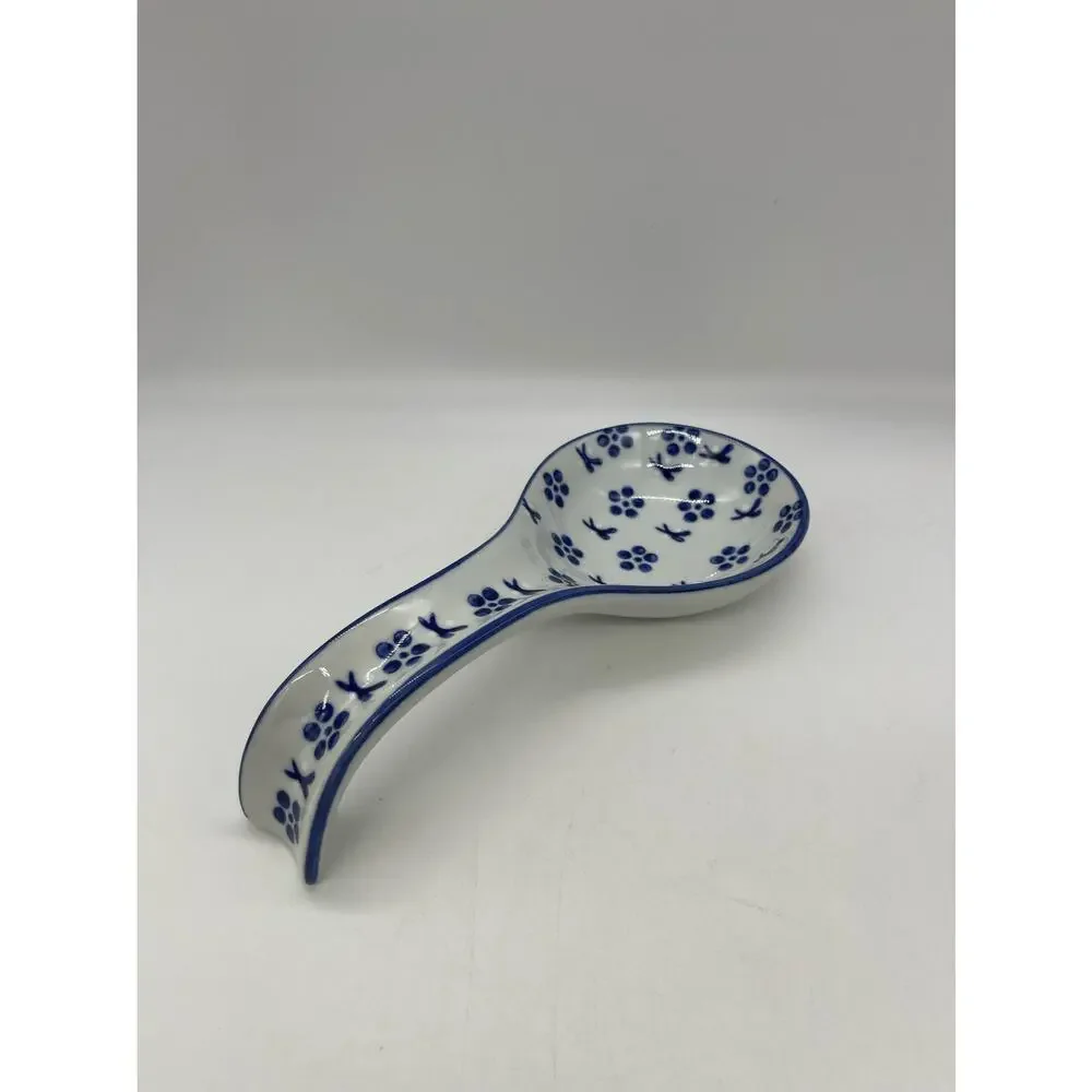Floral Design Polish Pottery Blue & White Spoon Rest 9